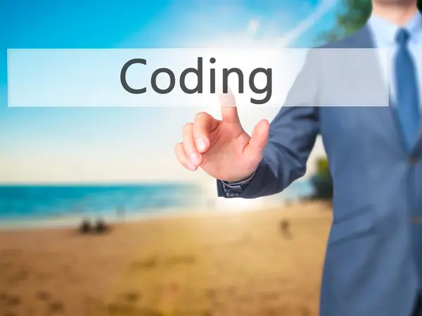 Coding -  Businessman click on virtual touchscreen. — Stock Photo, Image