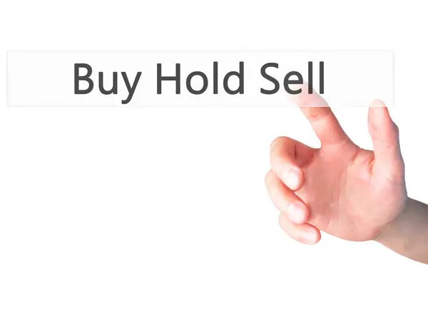 Buy Hold Sell - Hand pressing a button on blurred background con — Stock Photo, Image