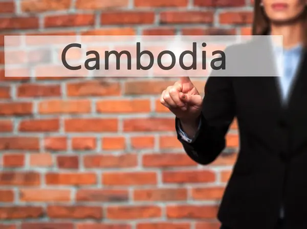 Cambodia - Businesswoman pressing high tech  modern button on a — Stock Photo, Image