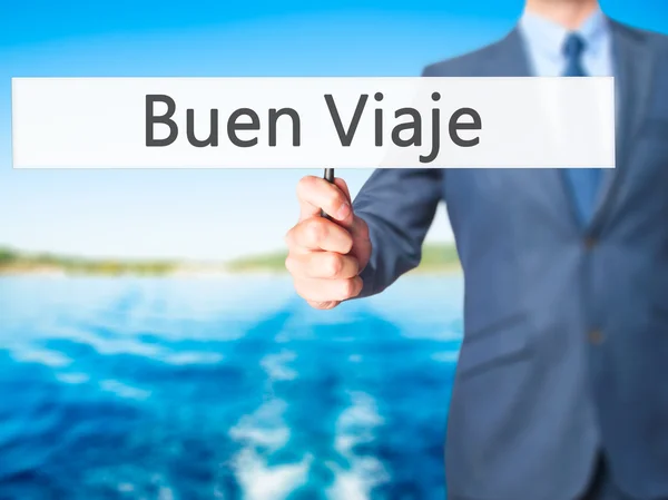 Buen Viaje (Boa viagem em espanhol) - Empresário mão segurando sig — Fotografia de Stock