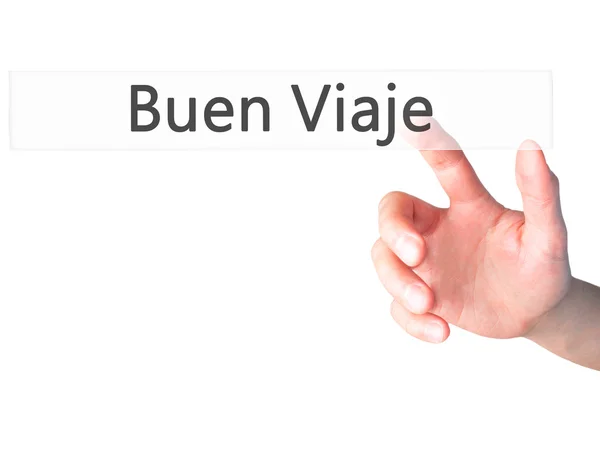 Buen Viaje (Good Trip in Spanish) - Hand pressing a button on bl — Stock Photo, Image