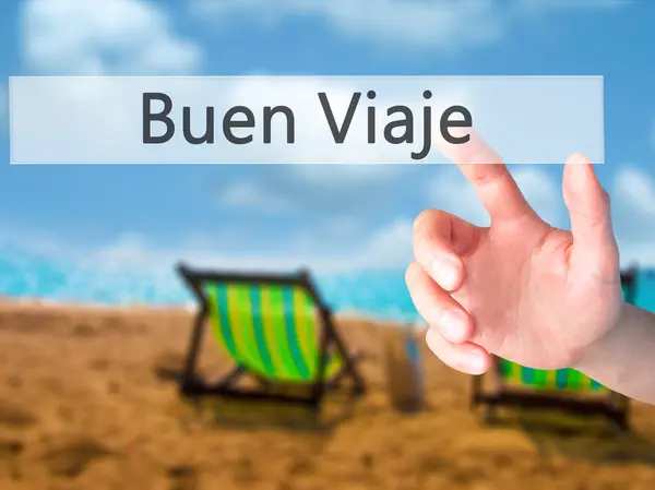 Buen Viaje - Mano pulsando un botón en bl — Foto de Stock