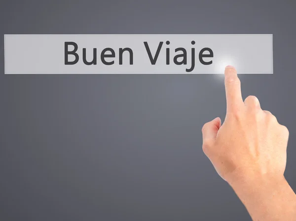 Buen Viaje (Good Trip in Spanish) - Hand pressing a button on bl — Stock Photo, Image