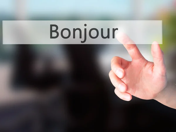 Bonjour (Bonjour en français) - Appuyez sur un bouton de la main sur blu — Photo