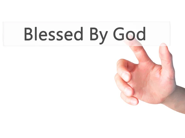 Gezegend door God-met de hand drukken op een knop op onscherpe achtergrond co — Stockfoto