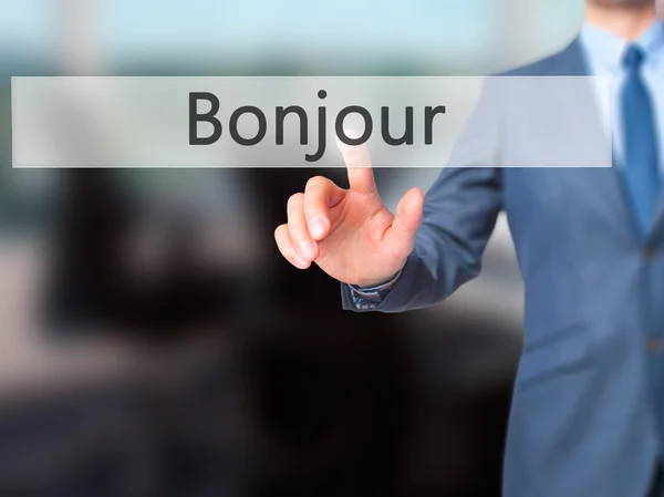 Bonjour (Bonjour en français) - Businessman toucher la main butto — Photo