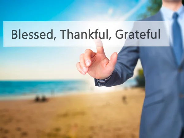 Välsignad tacksam tacksam-affärsman hand touch-knappen på vi — Stockfoto