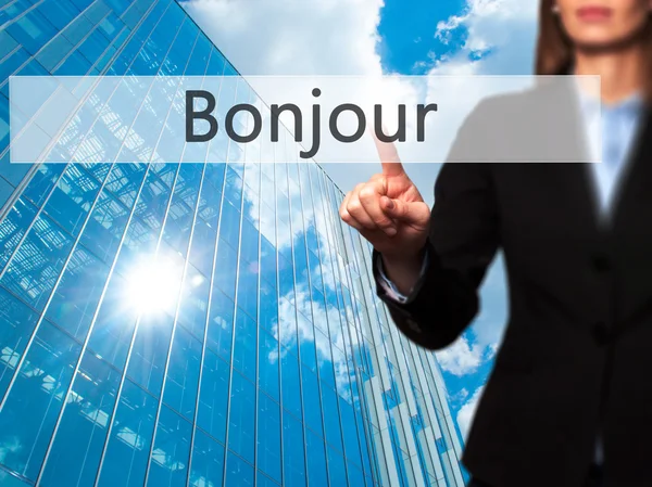 Bonjour (Good Morning in French) -  Young girl working with virt — Stock Photo, Image