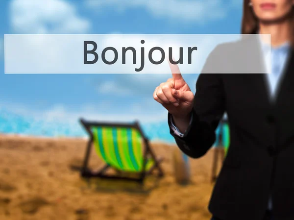 Bonjour (god morgon på franska) - ung flicka arbetar med virt — Stockfoto