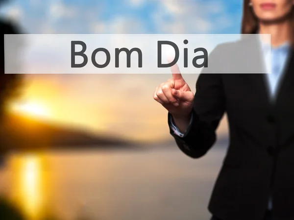 Bom Dia (i portugis - god morgon) - ung flicka arbetar wit — Stockfoto