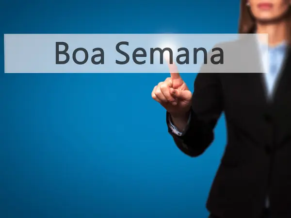 Boa semana (gute Woche auf portugiesisch) - junges Mädchen arbeitet mit v — Stockfoto