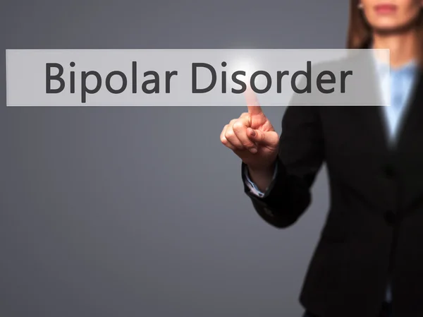 Trastorno bipolar - Chica joven que trabaja con la pantalla virtual an to — Foto de Stock