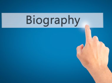 Biyografi - arka plan bulanık kavramı üzerinde bir düğmeye basarak el