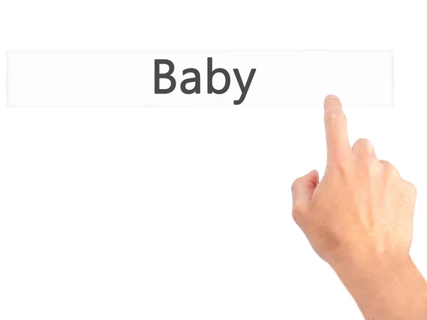 Baby - Tangan yang menekan tombol pada konsep latar belakang kabur pada v — Stok Foto