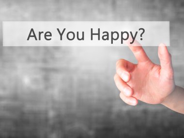 Mutlu musun? -Arka plan bulanık c üzerinde bir düğmeye basarak hand