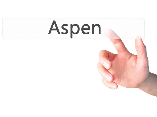 Aspen - Mano presionando un botón sobre el concepto de fondo borroso en —  Fotos de Stock