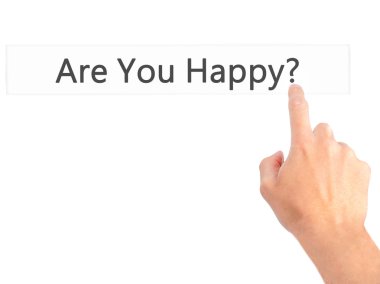 Mutlu musun? -Arka plan bulanık c üzerinde bir düğmeye basarak hand