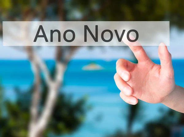 Ano Novo (New Year) - Hand pressing a button on blurred backgrou — Stock Photo, Image