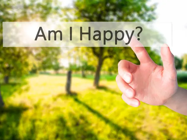 Bin ich glücklich? - Handdrücken einer Taste auf verschwommenem Hintergrund — Stockfoto