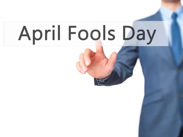 April Fools Day-zakenman pers op digitale scherm. — Stockfoto
