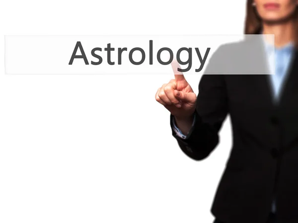 Astrología - Mano femenina aislada tocando o apuntando al botón —  Fotos de Stock