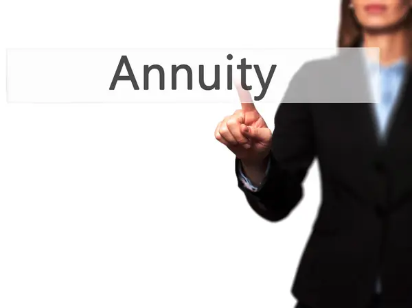 Annuity - Isolated female hand touching or pointing to button — Stock Photo, Image