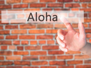 Aloha - arka plan bulanık kavramı üzerinde bir düğmeye basarak el 