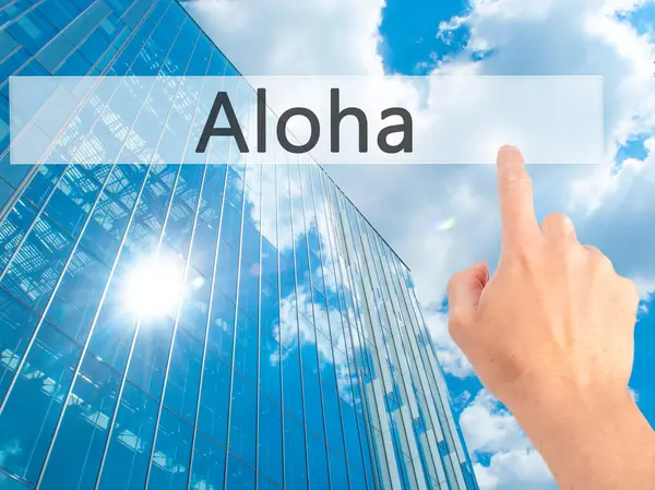 Aloha - Knopfdruck von Hand auf verschwommenes Hintergrundkonzept — Stockfoto