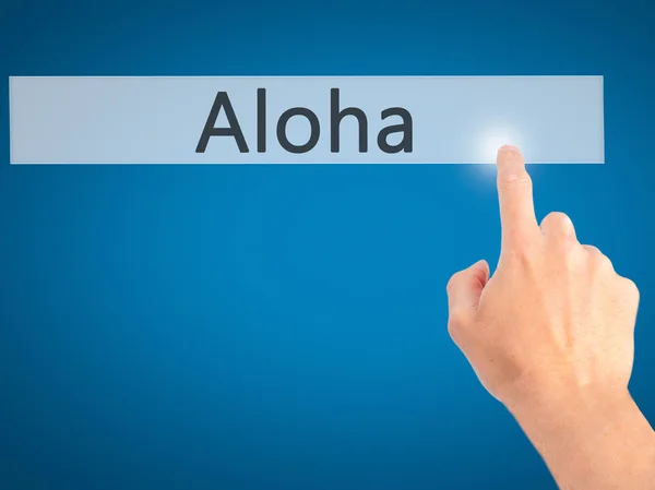 Aloha - Mano presionando un botón sobre el concepto de fondo borroso en —  Fotos de Stock
