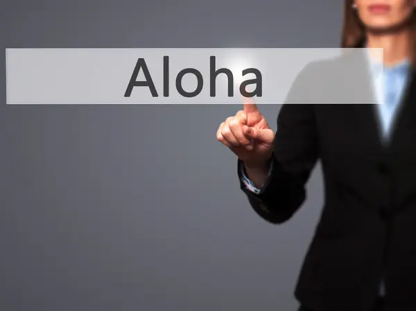 Aloha - isolierte weibliche Hand, die Knopf berührt oder auf Knopf zeigt — Stockfoto