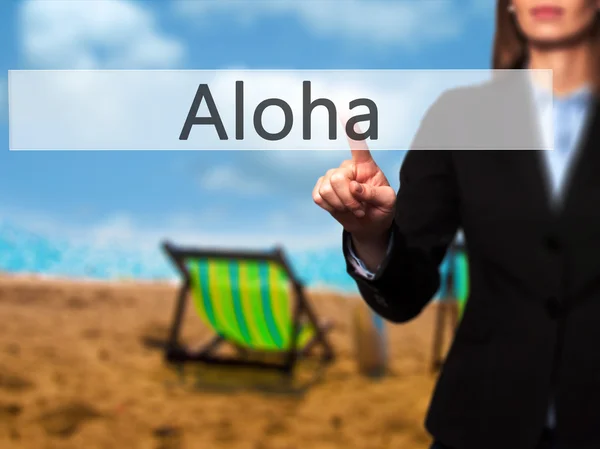 Aloha - Mano femenina aislada tocando o apuntando al botón — Foto de Stock