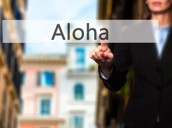 Aloha - Mano femenina aislada tocando o apuntando al botón —  Fotos de Stock