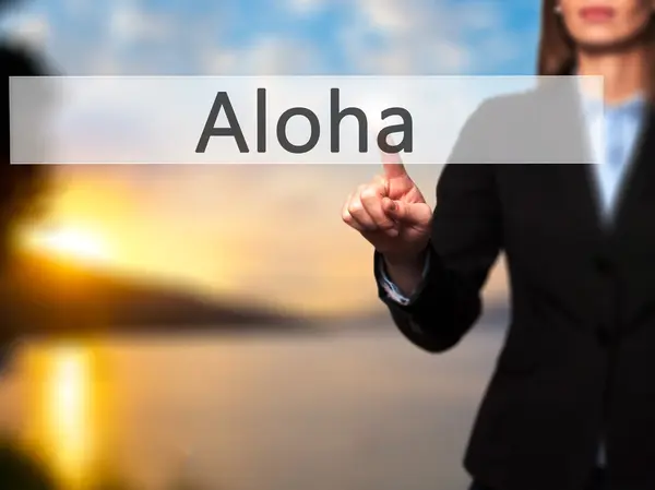 Aloha - Mano femenina aislada tocando o apuntando al botón —  Fotos de Stock