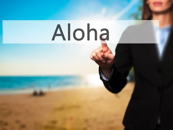 Aloha - Mano femenina aislada tocando o apuntando al botón — Foto de Stock