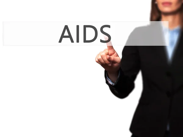 AIDS - Mano femminile isolata che tocca o indica il pulsante — Foto Stock