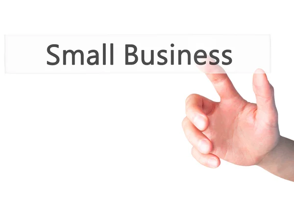 Small Business-ręczne naciśnięcie przycisku na niewyraźne tło co — Zdjęcie stockowe