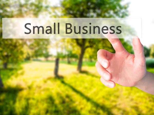 Small Business-met de hand een knop op onscherpe achtergrond samendrukken — Stockfoto