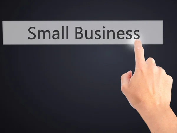 Small Business-met de hand een knop op onscherpe achtergrond samendrukken — Stockfoto