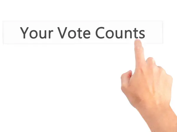 Η ψήφος σας μετράει - χέρι πιέζοντας ένα κουμπί σε θολή φόντο — Φωτογραφία Αρχείου