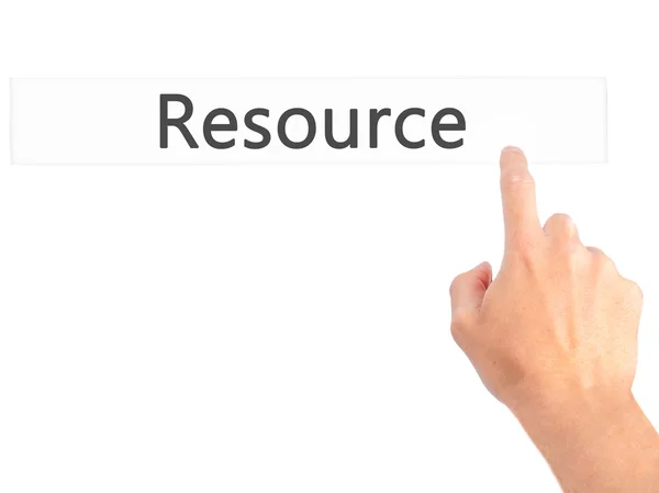 Resource - Hand pressing a button on blurred background concept — Stock Photo, Image