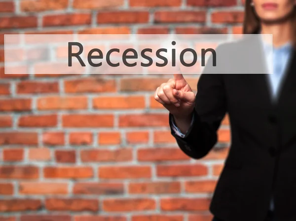 Recession - Isolated female hand touching or pointing to button — Stock Photo, Image