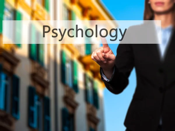 Psychology  - Isolated female hand touching or pointing to butto — Stock Photo, Image