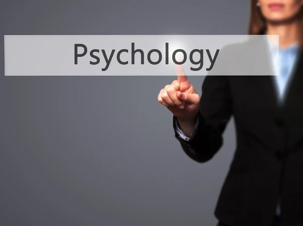 Psychology  - Isolated female hand touching or pointing to butto — Stock Photo, Image