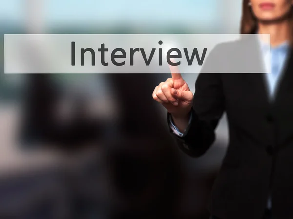 Interview - Businesswoman pressing modern  buttons on a virtual — Stock Photo, Image