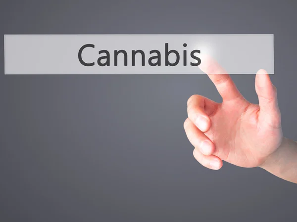 Cannabis-hand trycka på en knapp på suddig bakgrund koncept — Stockfoto
