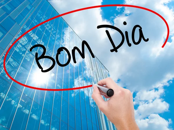 Man Hand skriva "Bom Dia" (i portugis - bra morgone — Stockfoto