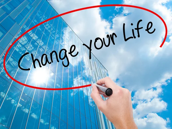 Man Hand writing Change your Life with black marker on visual sc — Stock Photo, Image