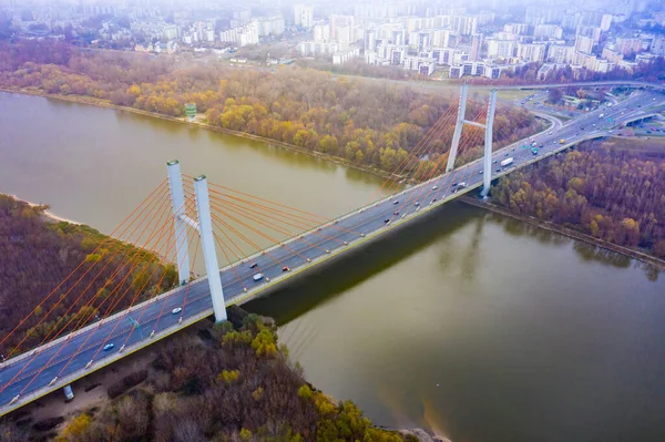 Вид Повітряний Безпілотник Міст Променях Сонячного Ранку Осіннє Туман Повітрі — стокове фото