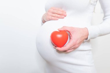 Hamilelik, annelik, aile - konsept, hamile kadın ve kalp sembolü güneşli yaz gününde açık havada.