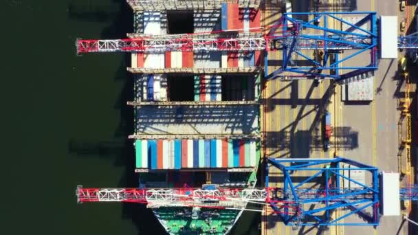 Navire porte-conteneurs dans les affaires d'exportation et d'importation et la livraison logistique. Expédition de fret au port par grue. Transport par eau International. Vue aérienne et vue de dessus. — Video